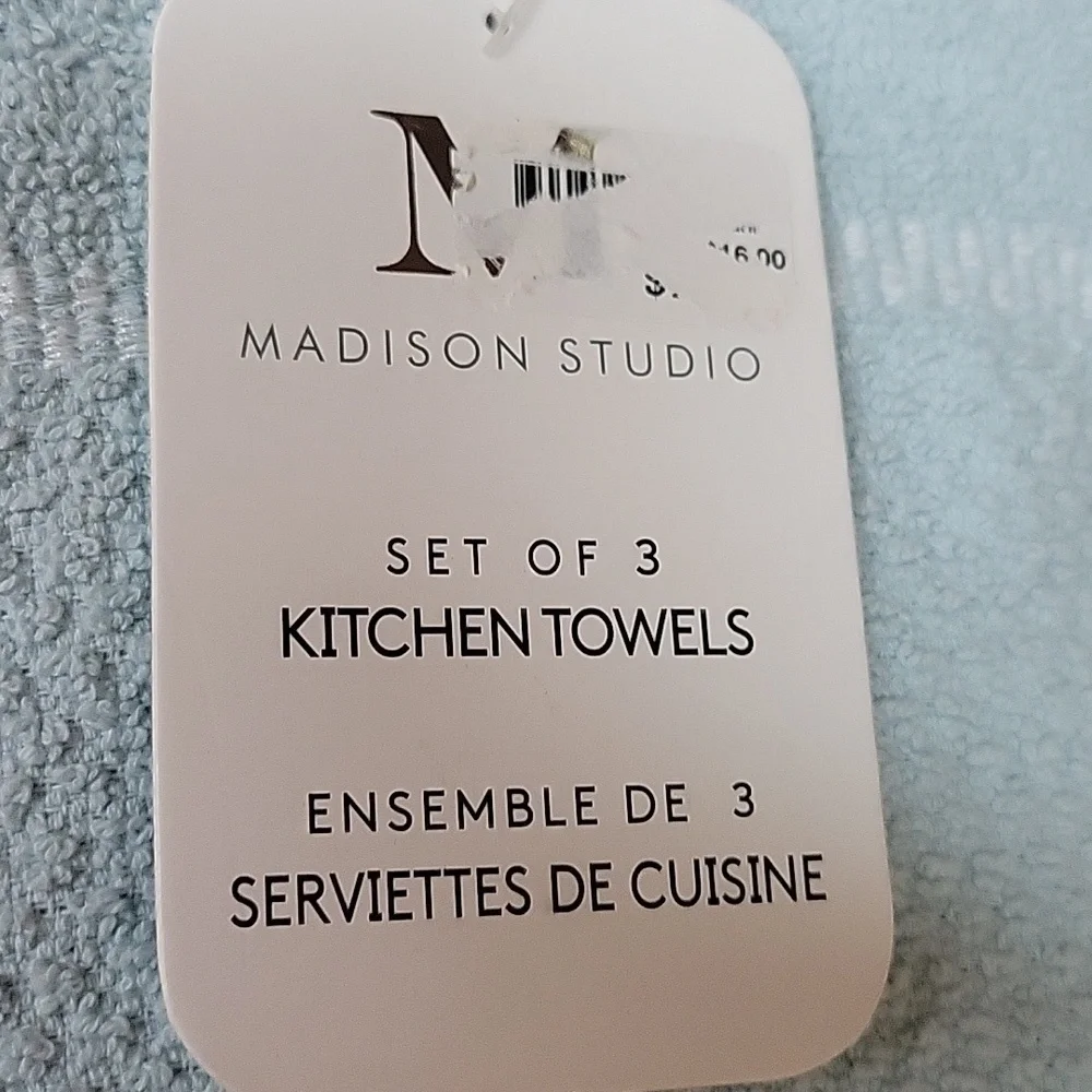Set of 3 Madison Studio Kitchen Towels Light Blue White Cotton Waffle 18